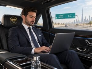 Business passenger working on a laptop in the back seat during a chauffeur-driven transfer from Abu Dhabi to Dubai with NSB Luxury Transport.