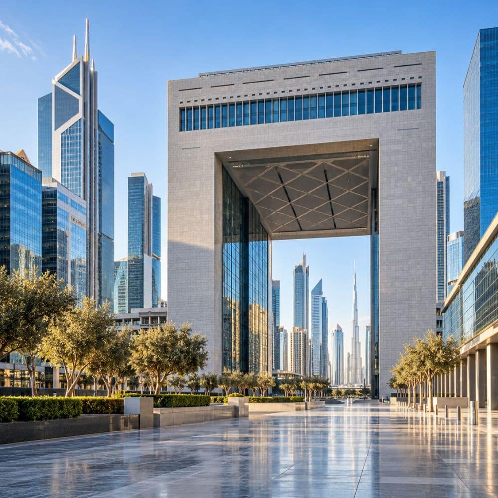 DIFC Gate Building surrounded by glass office towers and landscaped walkways.
