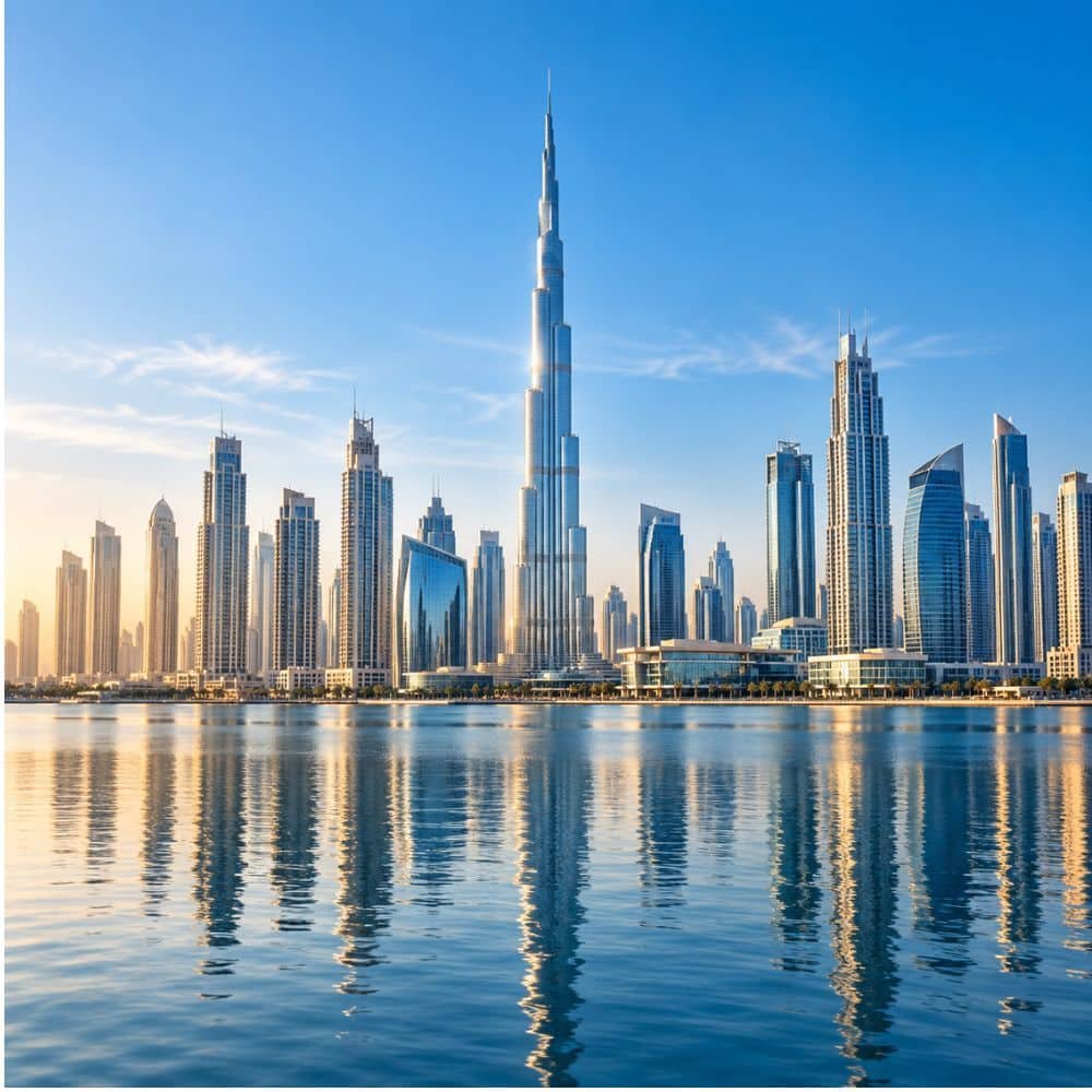 Burj Khalifa and Dubai skyline reflected in calm water beneath a blue sky.