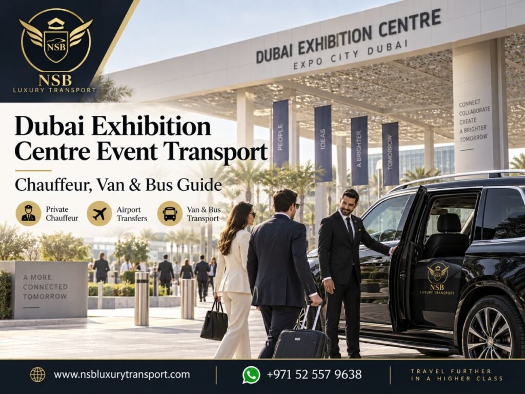 Dubai Exhibition Centre Event Transport with private chauffeur, GMC Yukon, airport transfers, vans and buses for exhibitors, delegates and corporate groups at Expo City Dubai.