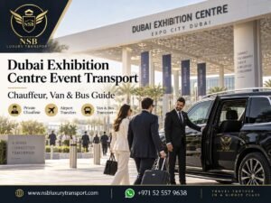Dubai Exhibition Centre Event Transport with private chauffeur, GMC Yukon, airport transfers, vans and buses for exhibitors, delegates and corporate groups at Expo City Dubai.