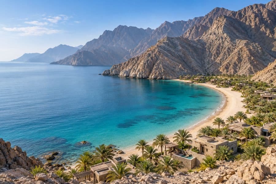 Turquoise bay and sandy beach bordered by stone villas, palm trees and rugged mountains.