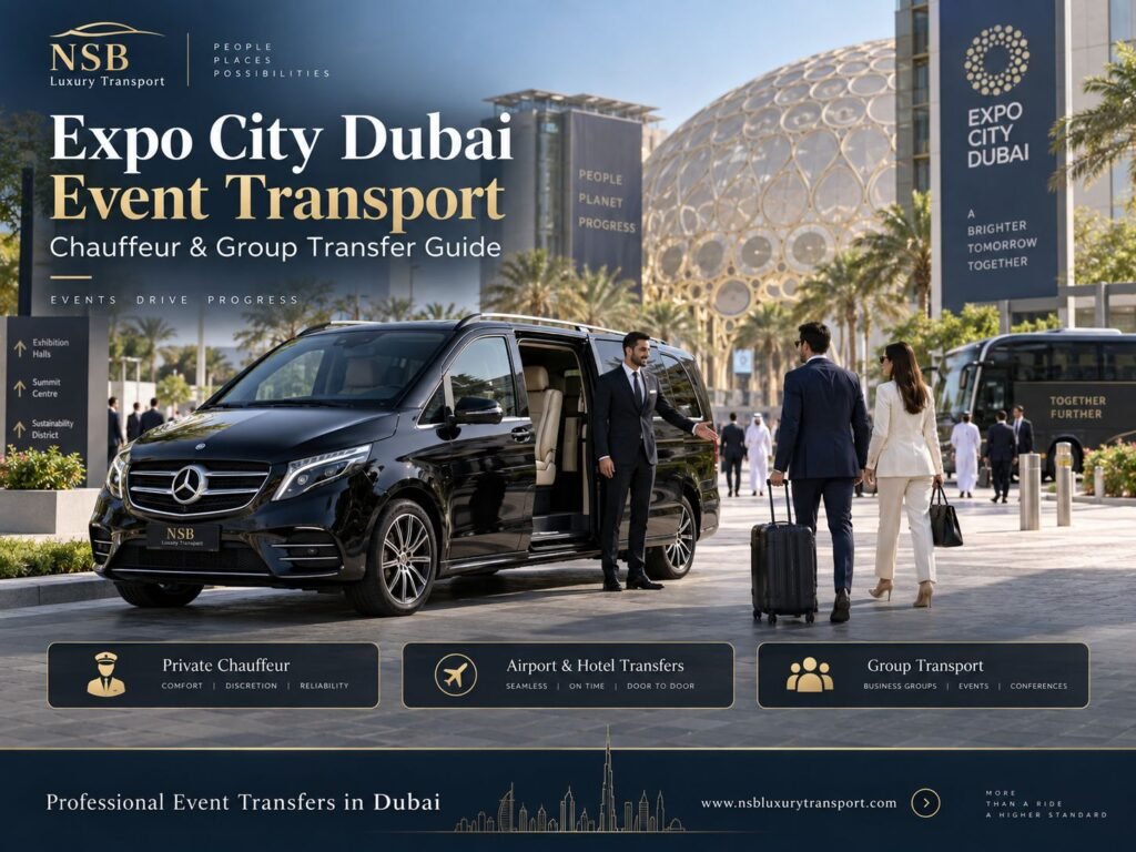 Expo City Dubai Event Transport with private chauffeur, Mercedes V-Class, airport transfers and group transportation