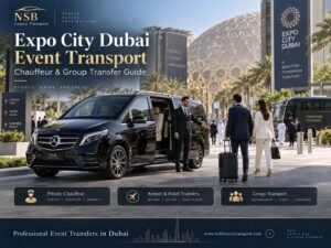 Expo City Dubai Event Transport with private chauffeur, Mercedes V-Class, airport transfers and group transportation
