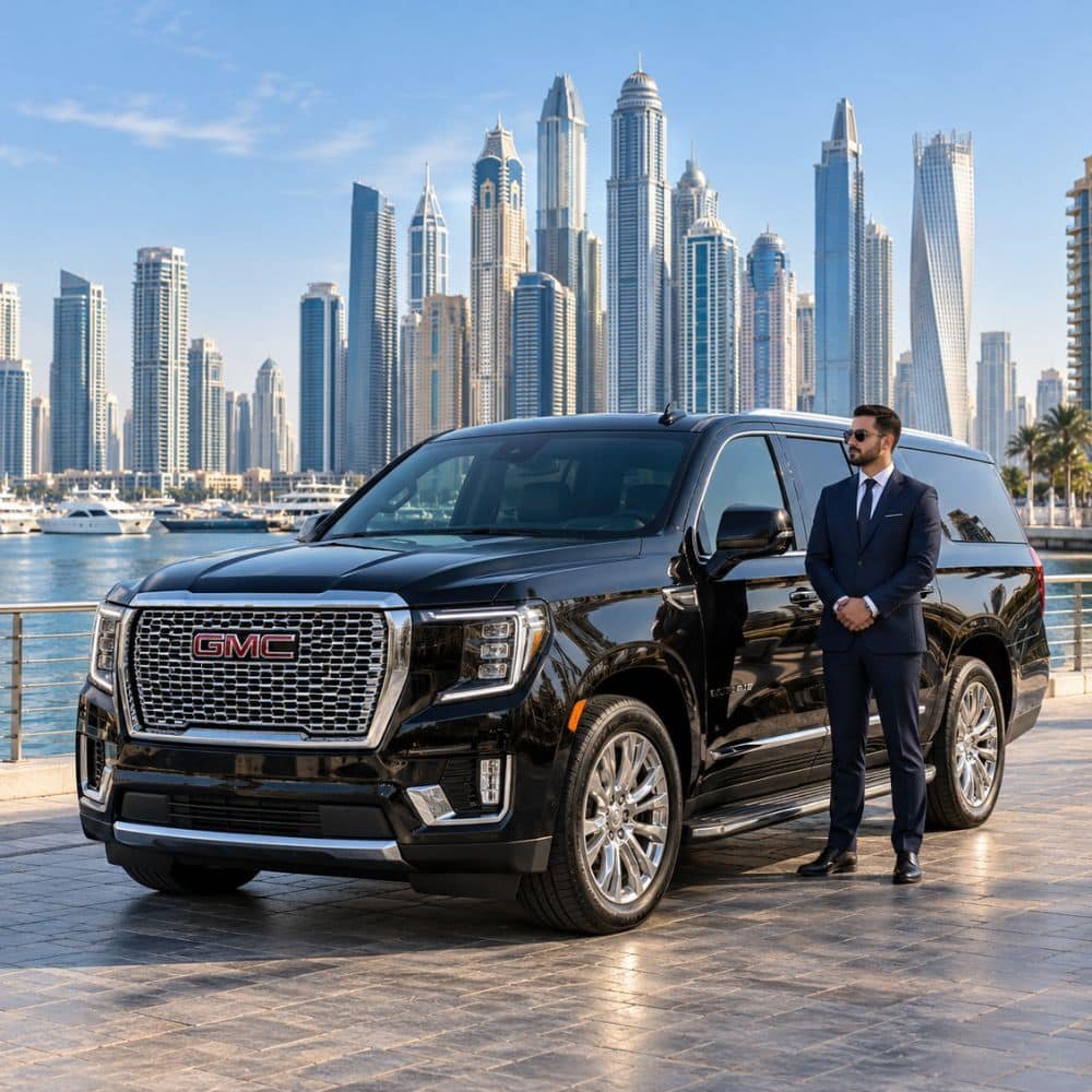 Chauffeur standing beside a black GMC Yukon XL at the Dubai Marina waterfront.