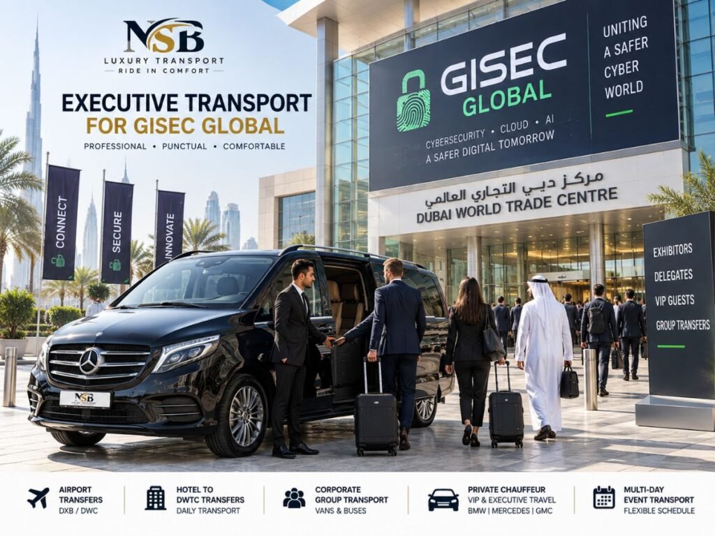 GISEC Global Dubai Transportation with Mercedes V-Class, executive chauffeur, airport transfers, hotel pickups and corporate group transport at Dubai World Trade Centre