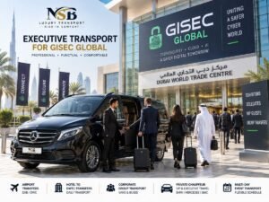 GISEC Global Dubai Transportation with Mercedes V-Class, executive chauffeur, airport transfers, hotel pickups and corporate group transport at Dubai World Trade Centre