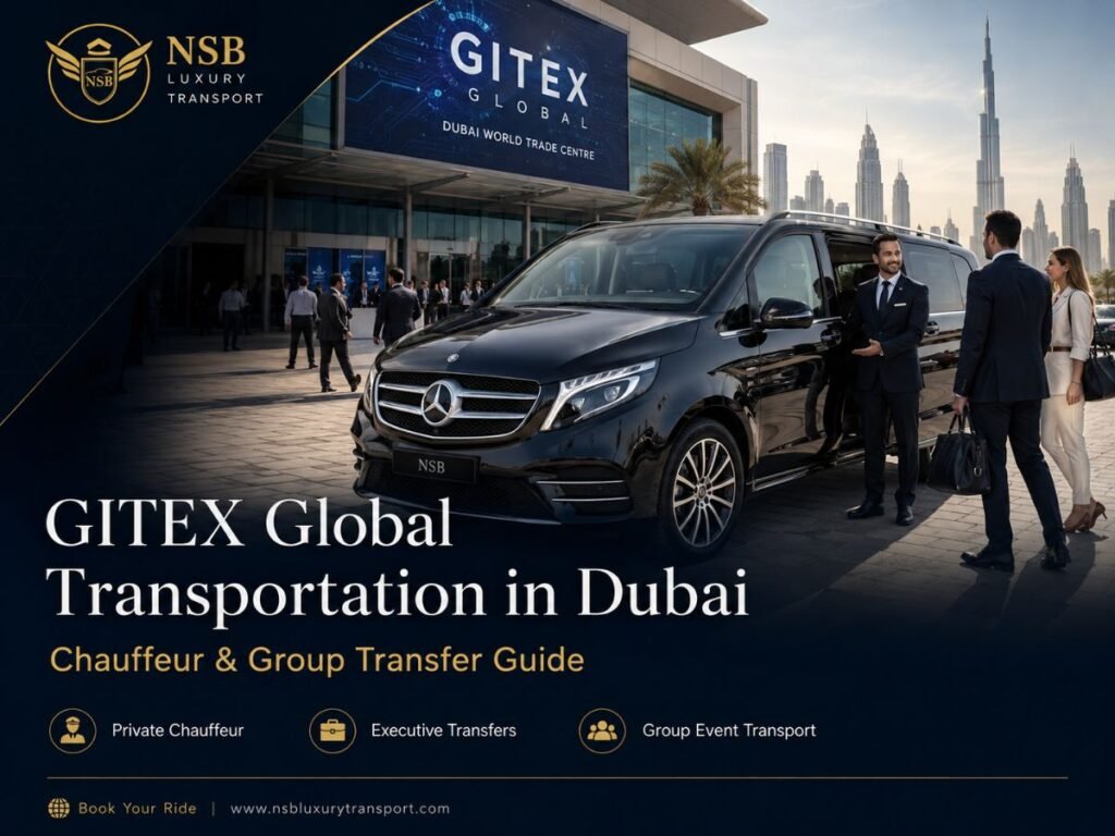 GITEX Global Transportation in Dubai with private chauffeur, Mercedes V-Class and executive group transfers at Dubai World Trade Centre