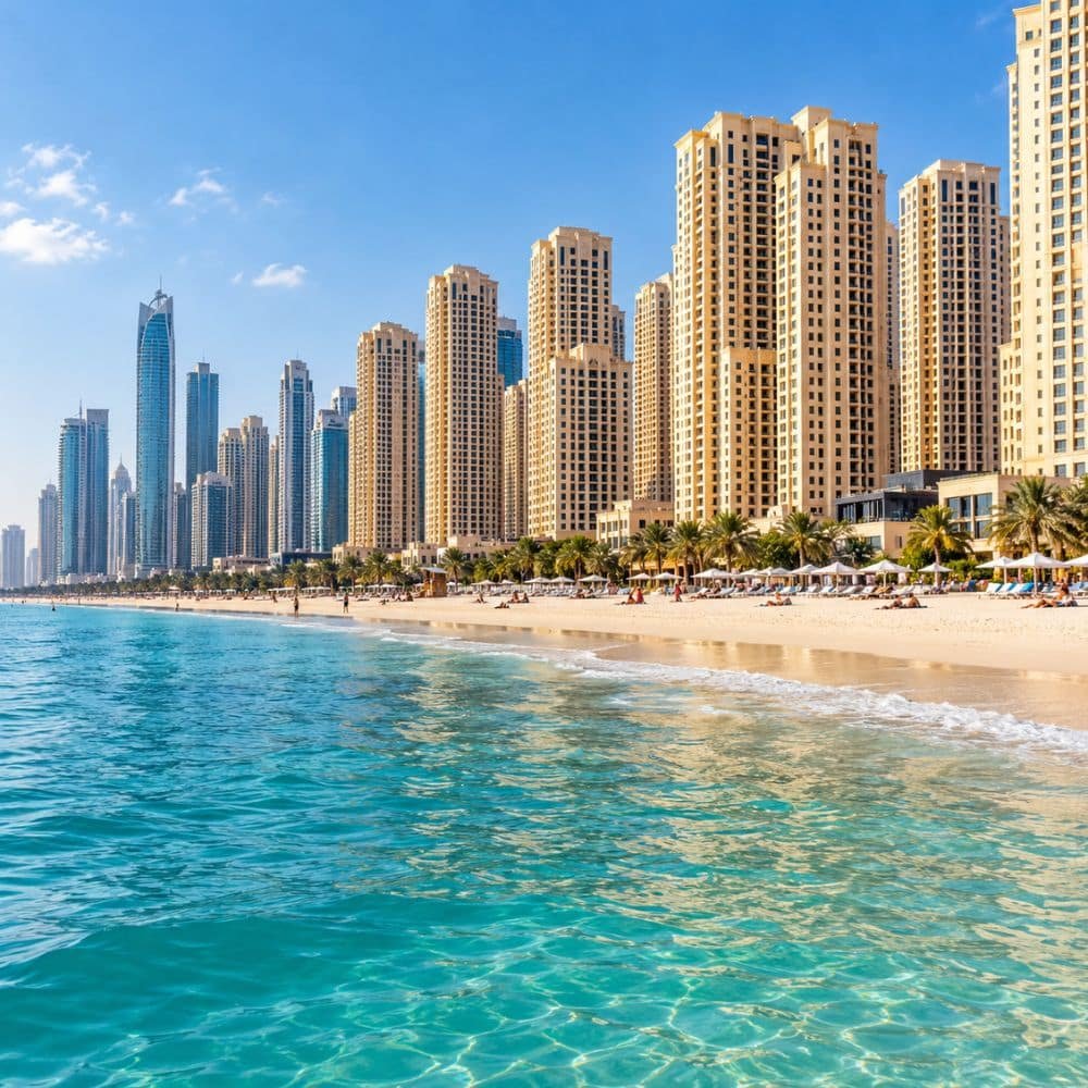 Jumeirah Beach Residence towers overlooking a sandy beach and turquoise water.