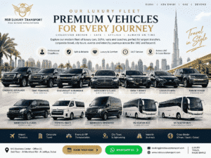 NSB Luxury Transport fleet of premium chauffeur-driven cars, luxury SUVs and passenger vans in Dubai, with the Burj Khalifa in the background.