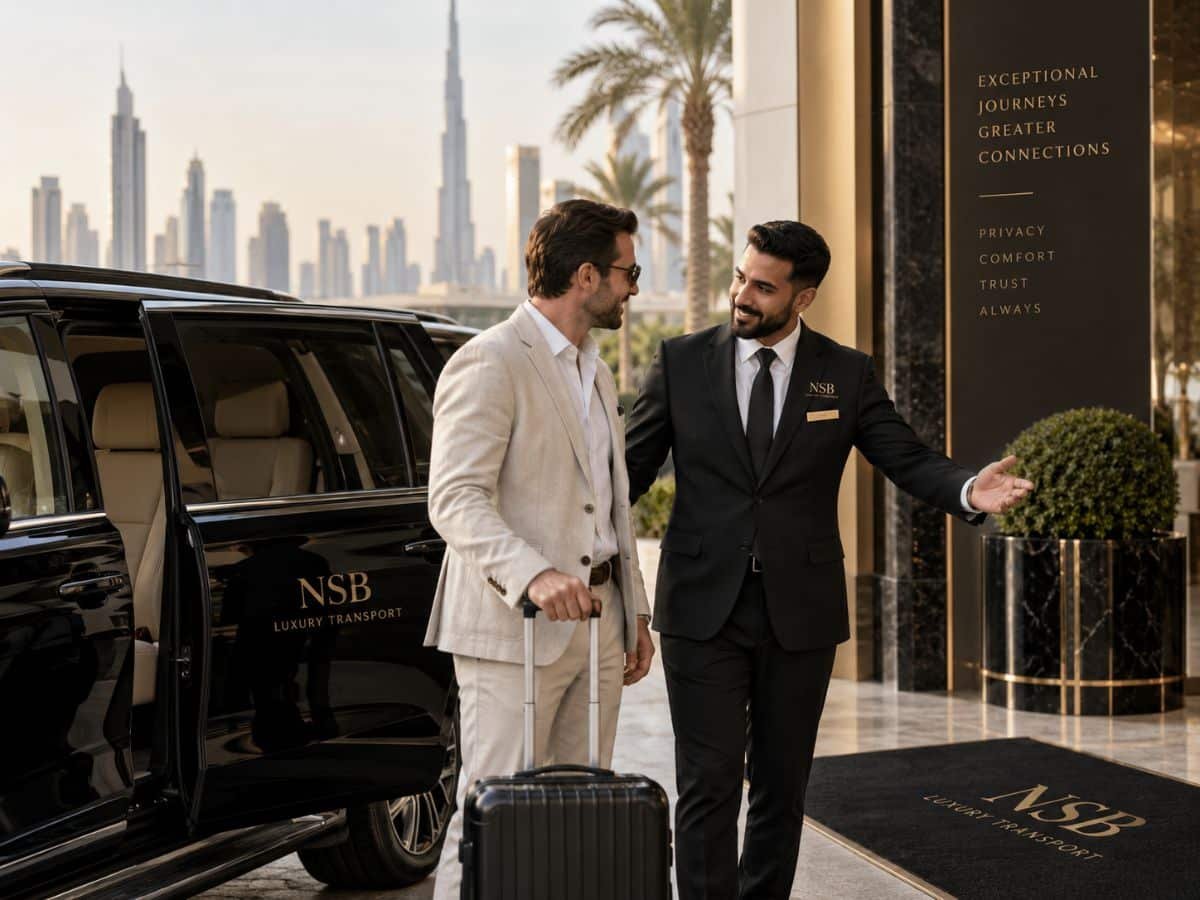 Professional NSB Luxury Transport chauffeur assisting a customer in Dubai