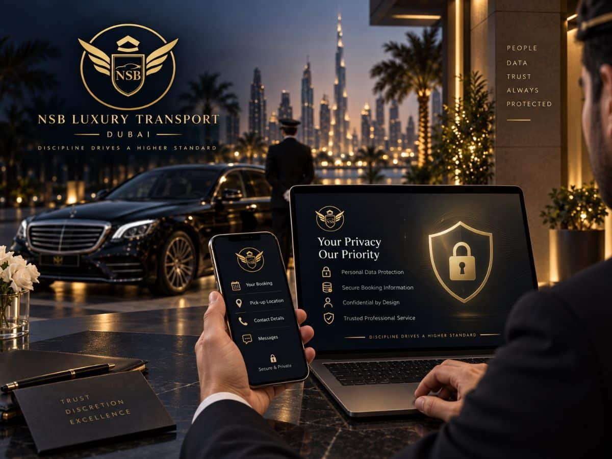NSB Luxury Transport customer data protection illustration featuring a laptop, smartphone, privacy shield, black luxury vehicle and chauffeur in Dubai