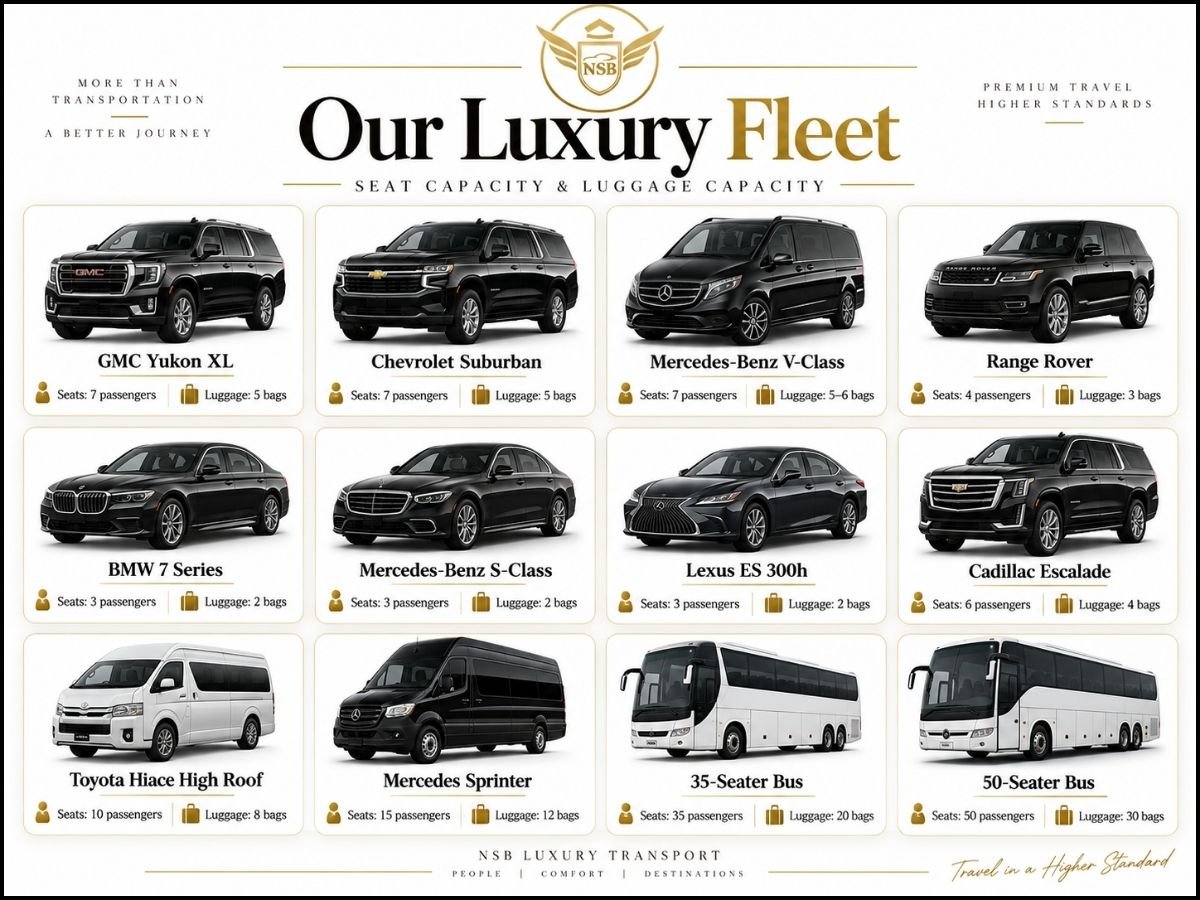 NSB Luxury Transport Abu Dhabi chauffeur fleet showing GMC Yukon XL, Chevrolet Suburban, Mercedes V-Class, Range Rover, BMW 7 Series, Mercedes S-Class, Lexus ES 300h, Cadillac Escalade, Toyota Hiace, Mercedes Sprinter, 35-seater bus and 50-seater bus
