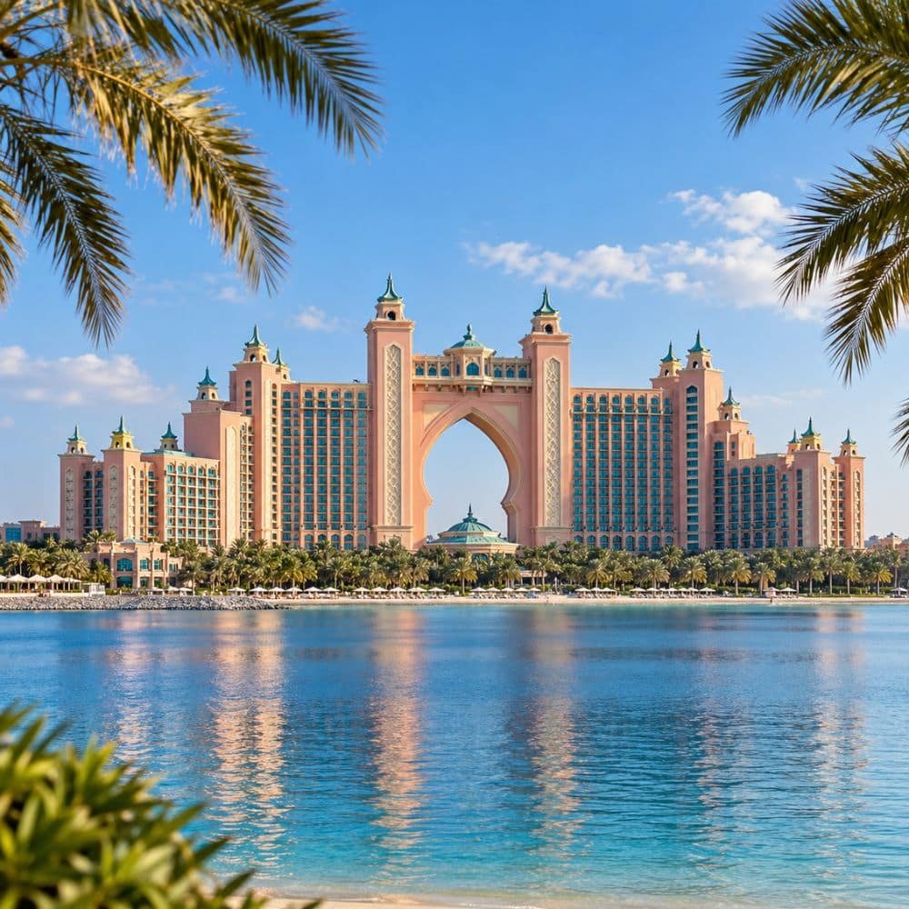 Atlantis The Palm overlooking blue water, framed by palm fronds.