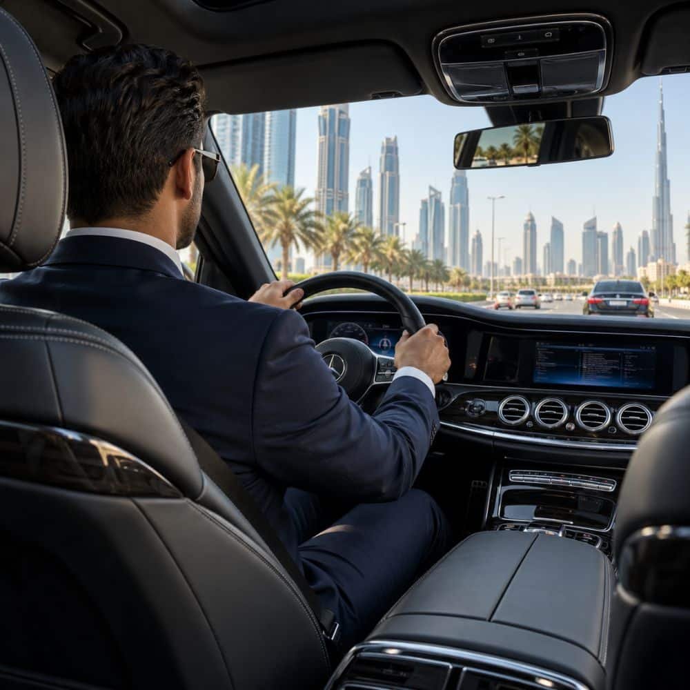Chauffeur at the wheel of a Mercedes sedan with Dubai towers visible through the windscreen.
