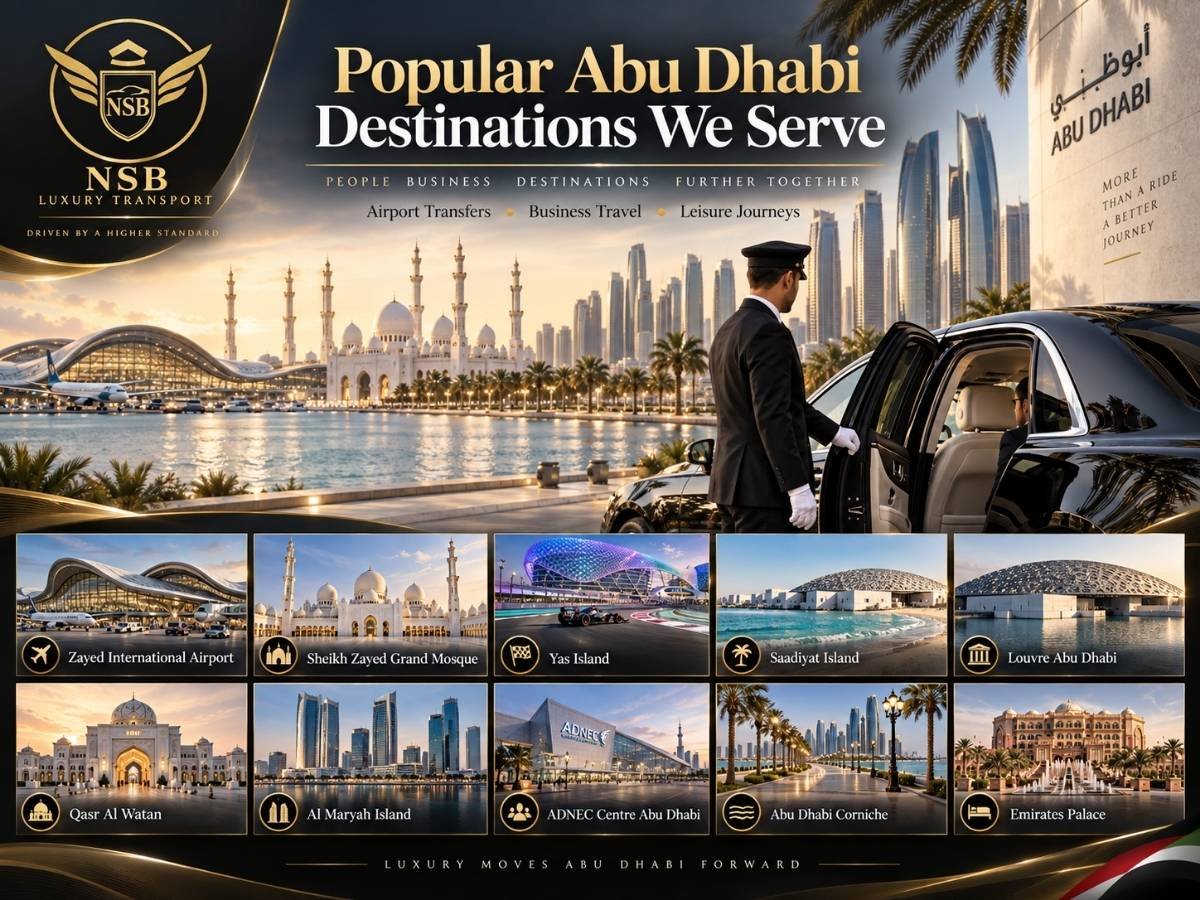 Popular Abu Dhabi destinations served by NSB Luxury Transport including Zayed International Airport, Sheikh Zayed Grand Mosque, Yas Island, Louvre Abu Dhabi, Qasr Al Watan, ADNEC, Corniche and Emirates Palace