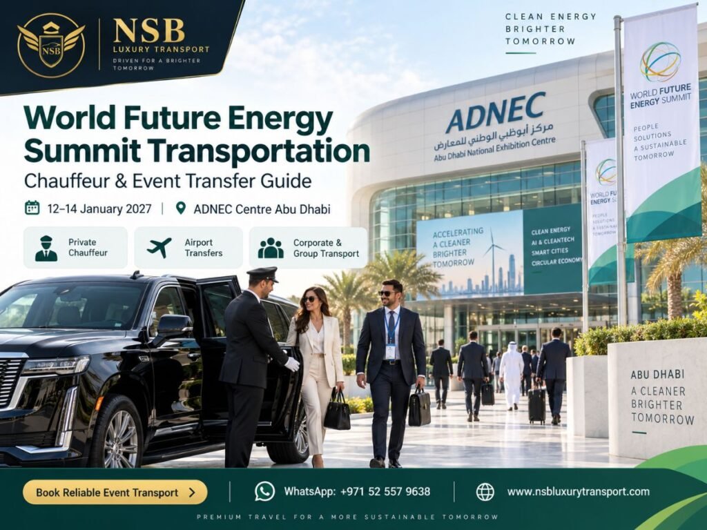 World Future Energy Summit Transportation at ADNEC Centre Abu Dhabi with private chauffeur, airport transfers and corporate group transport for executives and delegates.