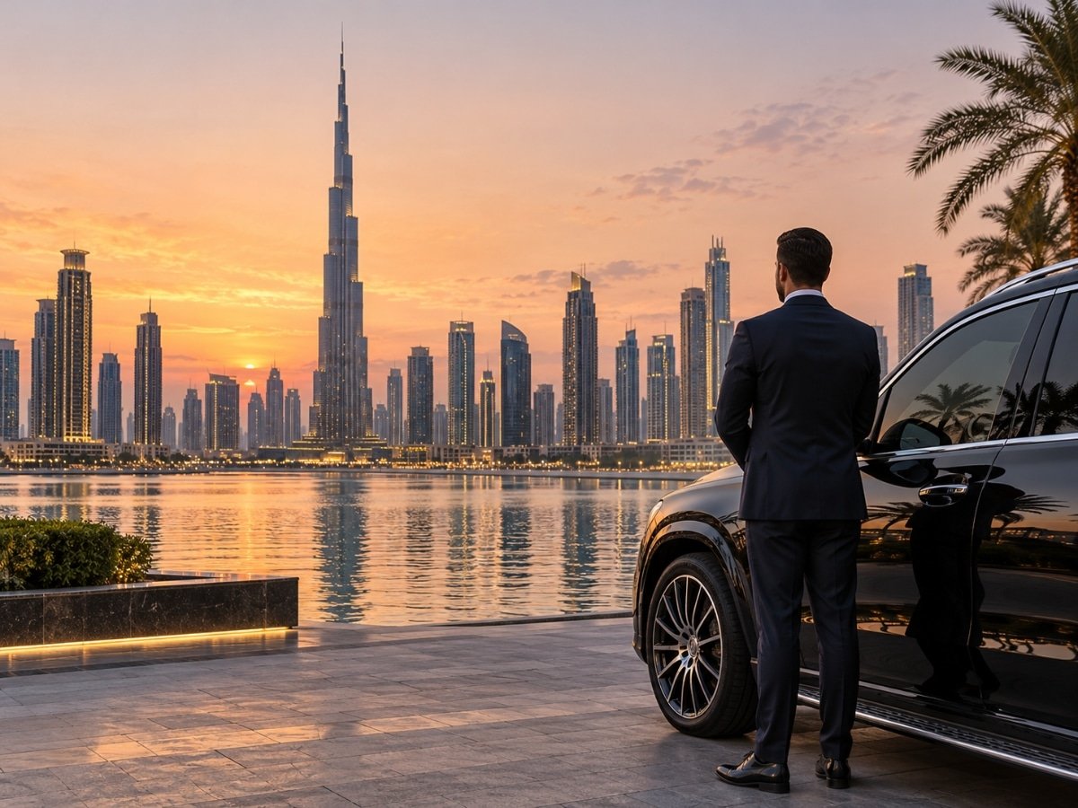 Chauffeur standing beside a black luxury SUV overlooking the Dubai waterfront and Burj Khalifa at sunset.