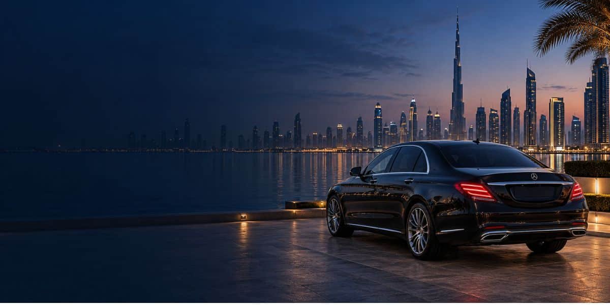 Rear view of a black Mercedes S-Class beside the waterfront, with Burj Khalifa and the Dubai skyline illuminated at dusk.