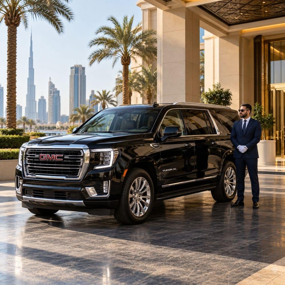 Black GMC Yukon XL with a chauffeur outside a luxury Dubai hotel.