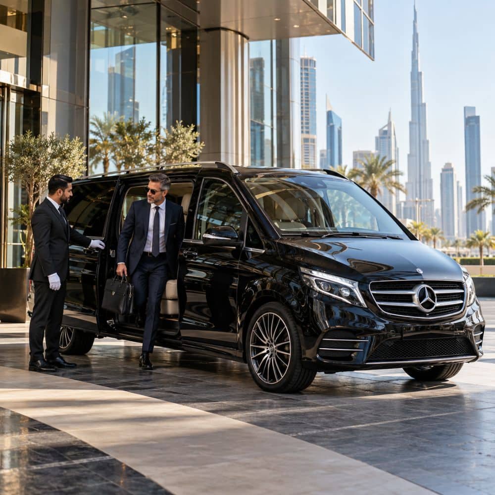 Chauffeur assisting a business traveller beside a black Mercedes V-Class outside a Dubai office building.