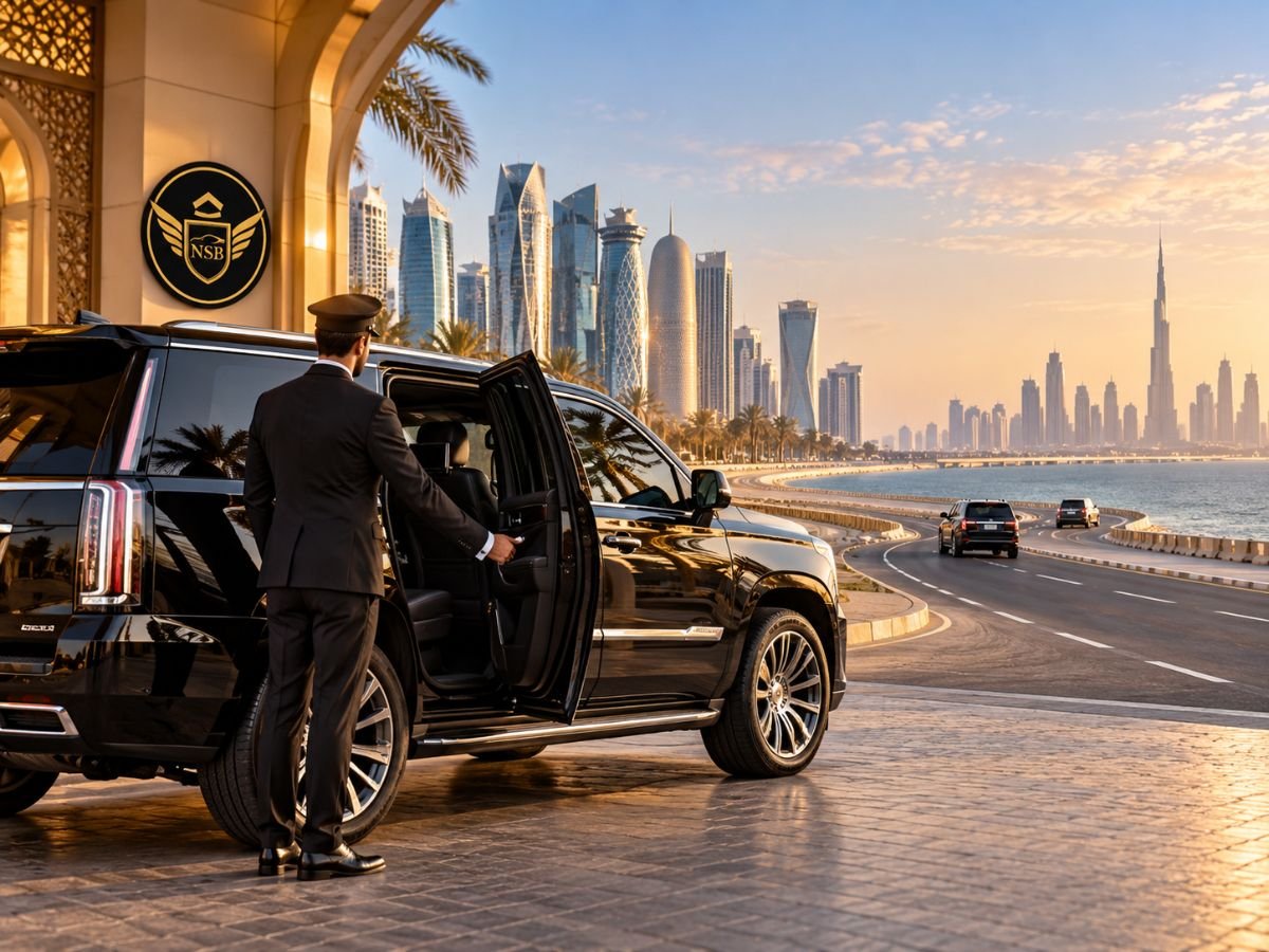 Doha to Dubai luxury chauffeur service with professional driver, premium SUV and skyline views during private cross-border travel