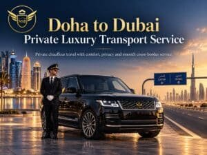 Doha to Dubai private luxury transport service with professional chauffeur, premium SUV, Doha skyline and Dubai skyline