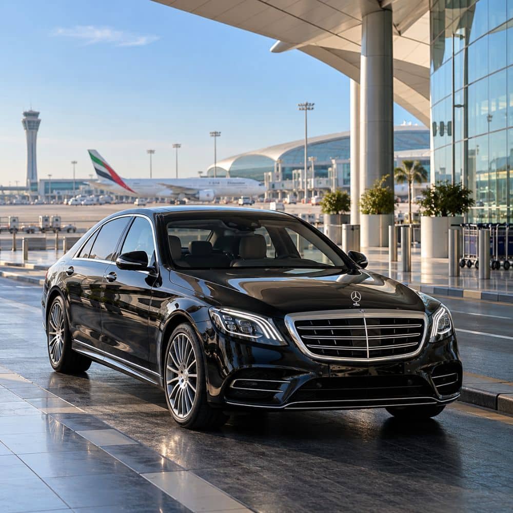 Black Mercedes S-Class outside an airport terminal with an aircraft in the background.