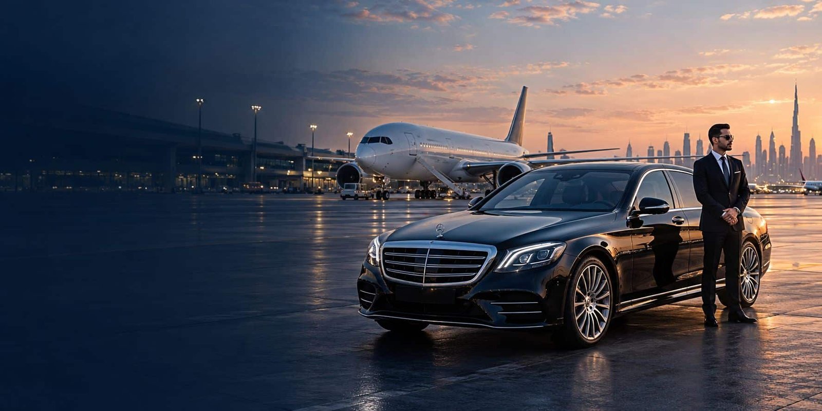 Black Mercedes S-Class with a professional chauffeur, passenger aircraft and Dubai skyline at sunset.