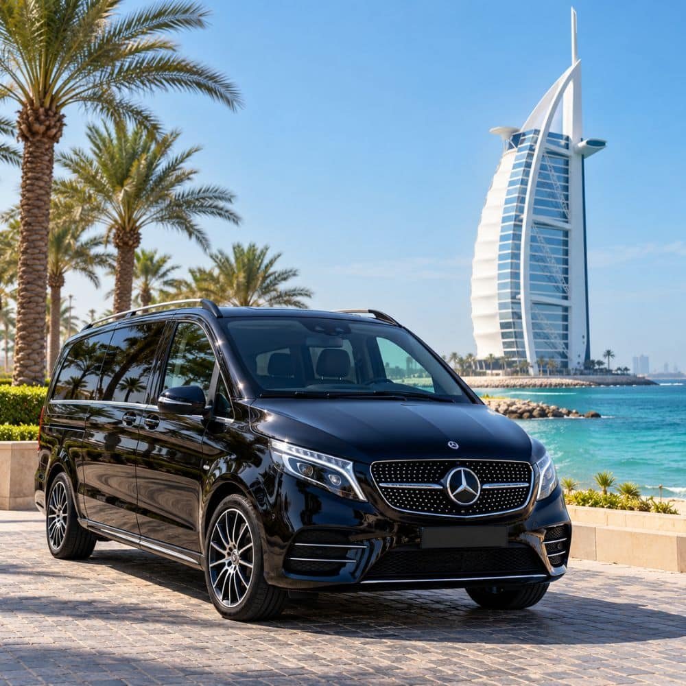 Black Mercedes V-Class beside the Dubai waterfront with Burj Al Arab in the background.