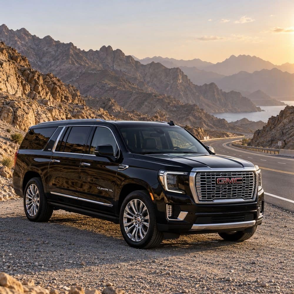 Black GMC Yukon XL parked beside a winding highway through the Hajar Mountains.