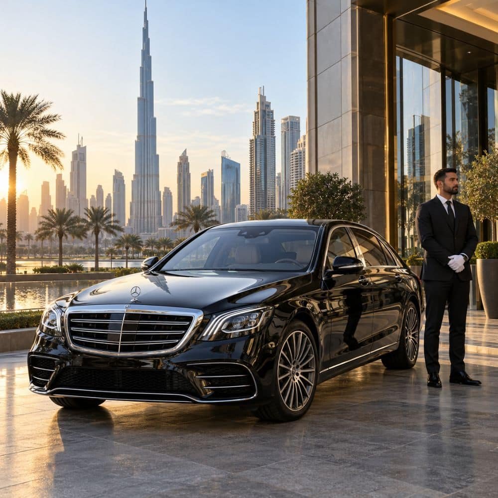 Professional chauffeur beside a black Mercedes S-Class with Burj Khalifa in the background.