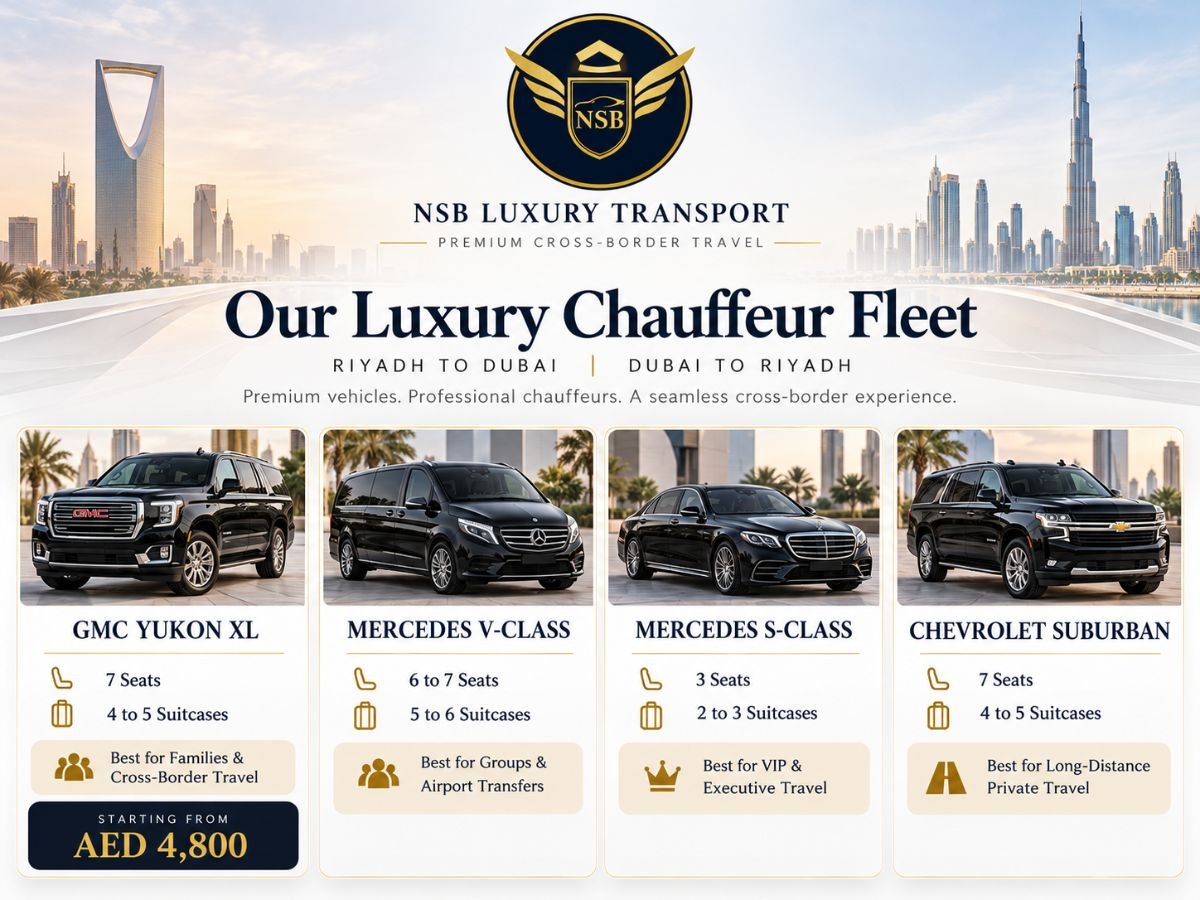 NSB Luxury Transport chauffeur fleet for Riyadh to Dubai private transfers featuring GMC Yukon XL, Mercedes V-Class, Mercedes S-Class and Chevrolet Suburban